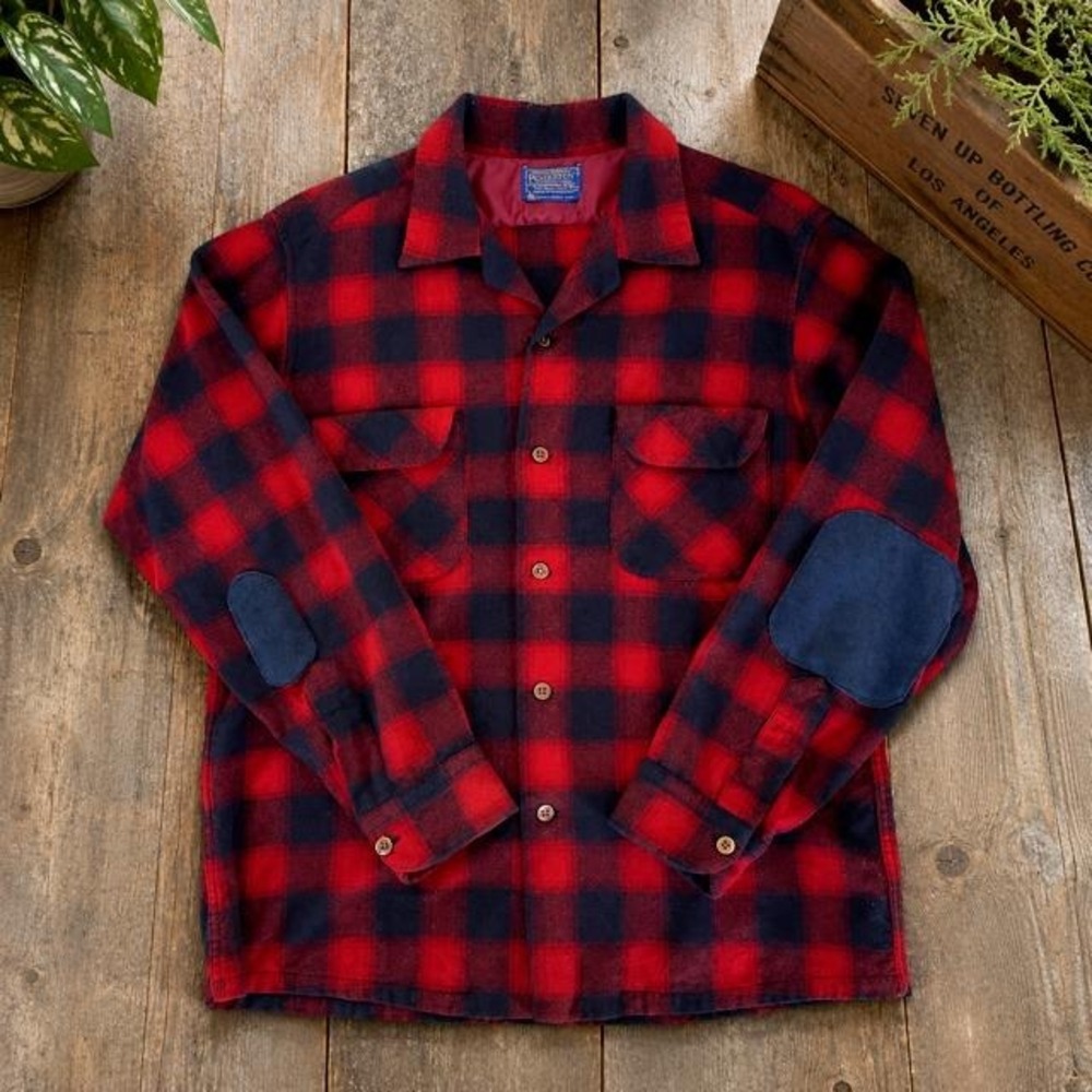 Vintage 60s Pendleton Board Shirt L Red Navy Buffalo Plaid Wool USA Loop